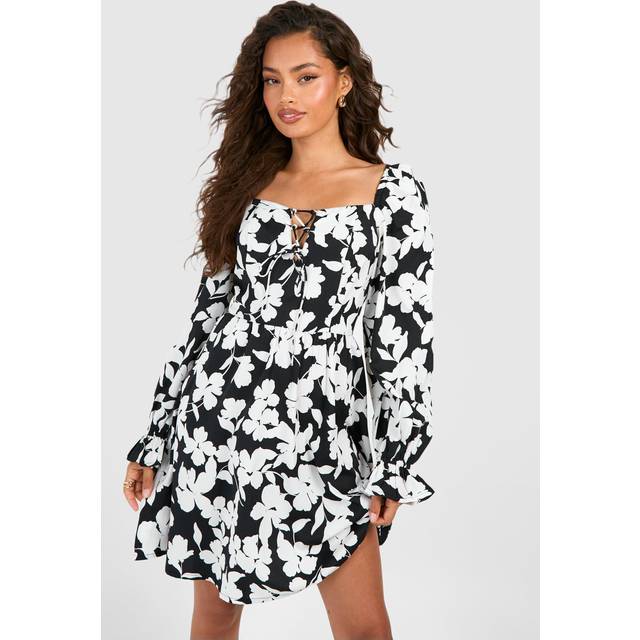 Womens Floral Tie Front Smock Dress - Black - 8