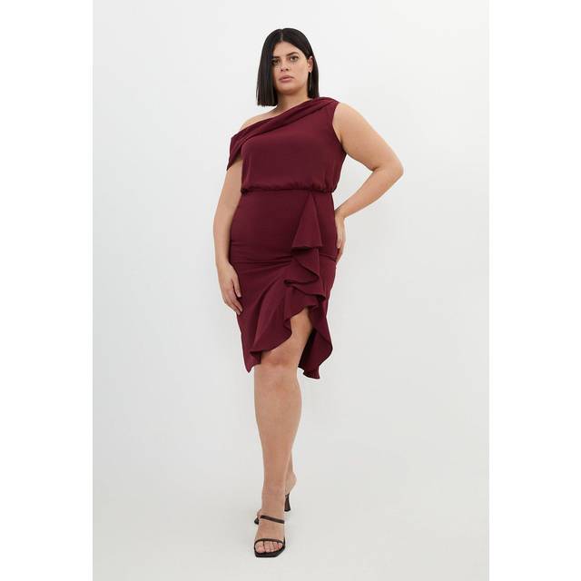 Plus Size Premium Crepe Asymmetric Drape Detail Midi Dress - Red