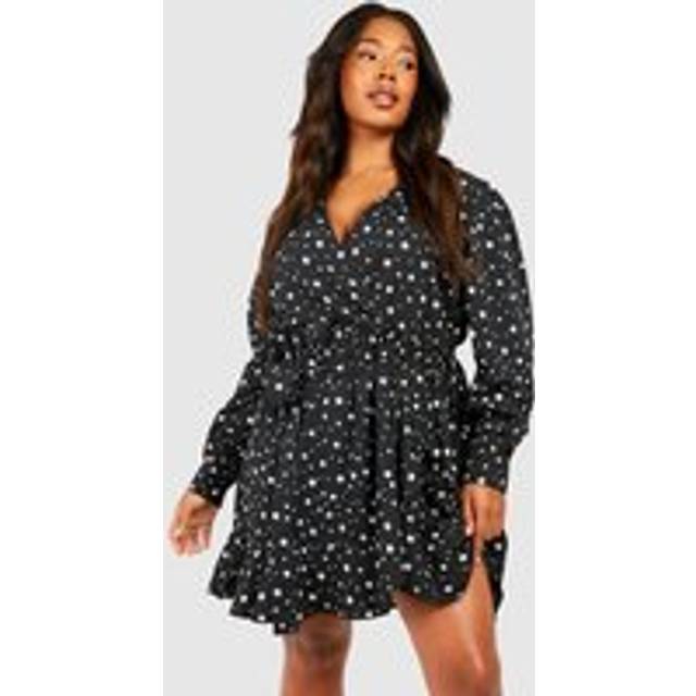 Womens Plus Star Print Wrap Ruffle Skater Dress - Black - 26, Black