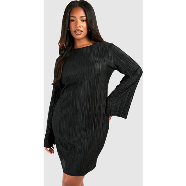 Womens Plus Plisse Flare Sleeve Shift Mini Dress - Black - 28