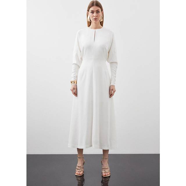 Premium Woven Viscose Crepe Long Sleeve Midi Dress - Ivory
