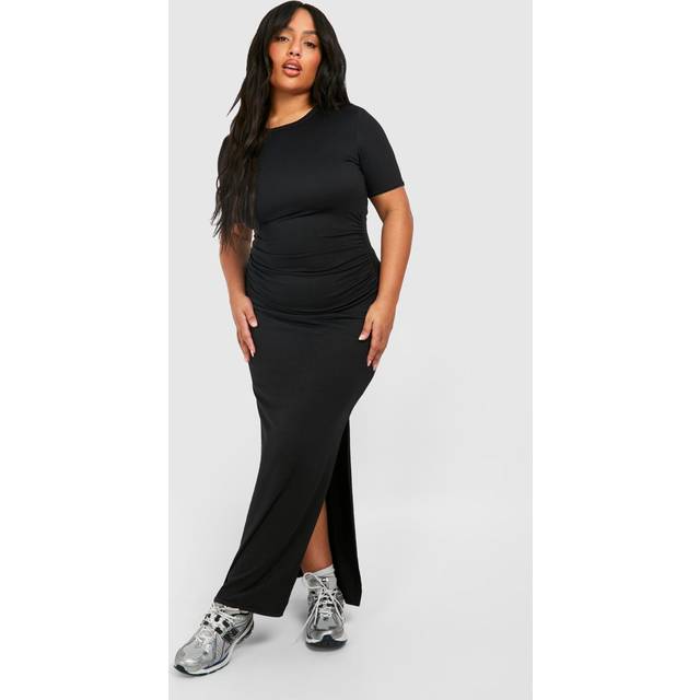 Womens Plus Super Soft Jersey Ruched Split T-shirt Dress - Black - 22