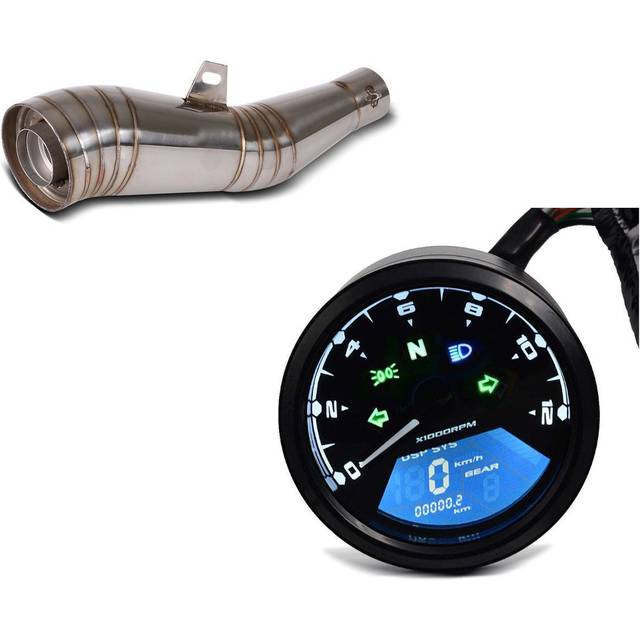 Set: Auspuff GP Schalldämpfer Edelstahl Universal mit DB-Killer + Tachometer LCD Digital Drehzahlmesser Analog TM1 - schwarz-schwarz