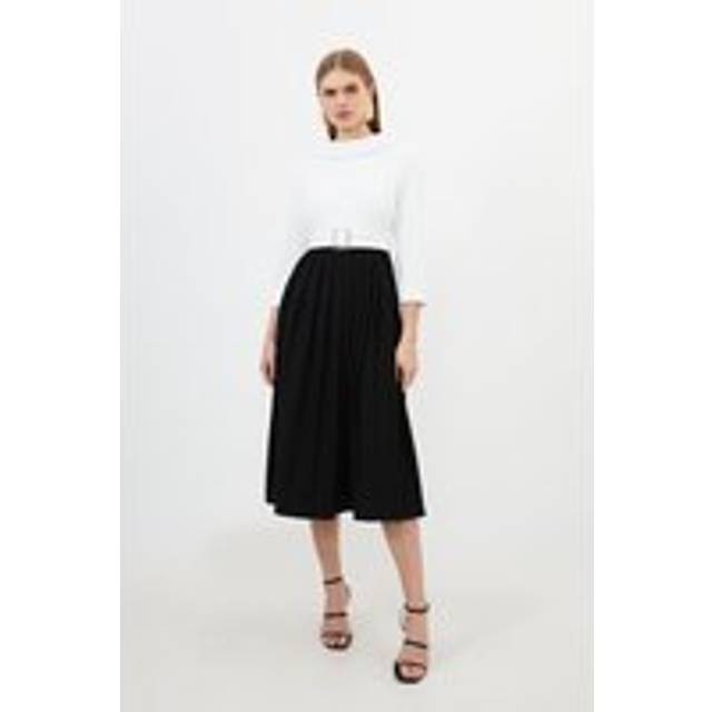 Tailored Structured Crepe Roll Neck Pleated Midi Dress - Mono