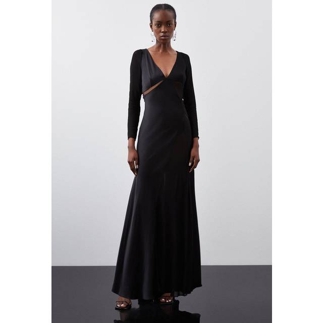 Ooto Sheer Panelled Long Sleeve Woven Maxi Dress - Black