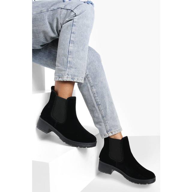 Womens Faux Suede Ribbed Detail Chunky Chelsea Boots - Black - 4, Black