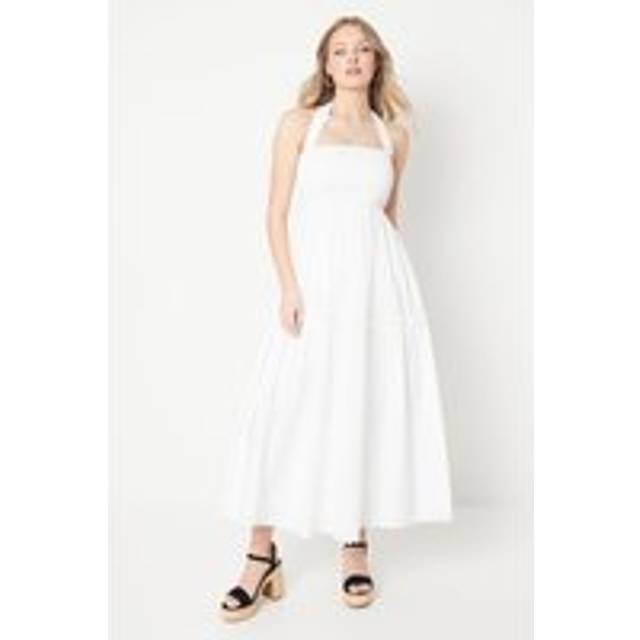 Cotton Poplin Shirred Halterneck Midi Dress - White - 16,10,12,6,14
