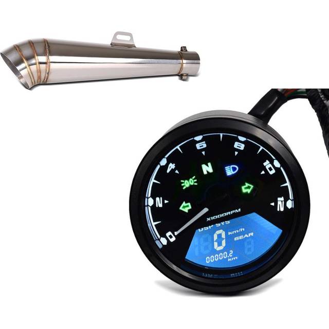 Set: Auspuff GP-S Schalldämpfer Edelstahl Universal mit DB-Killer + Tachometer LCD Digital Drehzahlmesser Analog TM1 - schwarz-schwarz