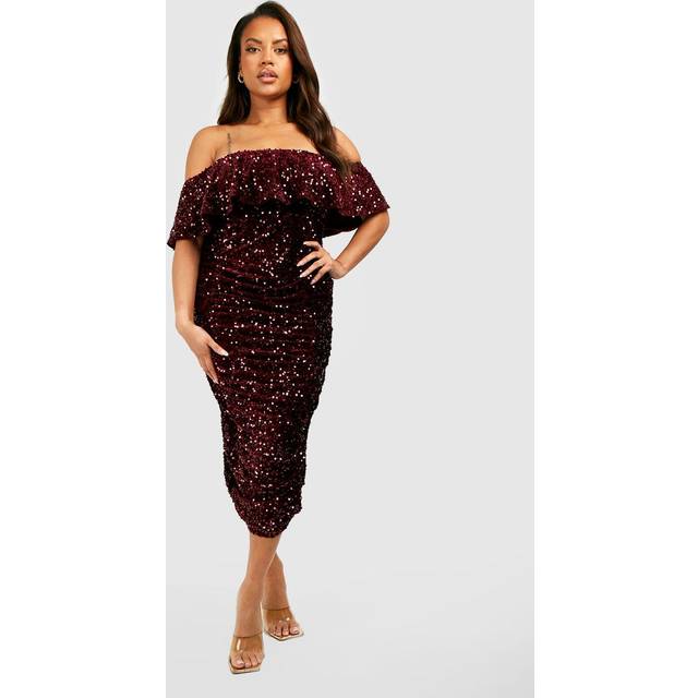 Womens Plus Sequin Off The Shoulder Midi Dress - Red - 22, Red