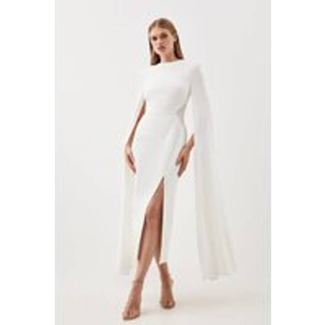Tailored Compact Stretch Viscose Cape Mesh Panel Midi Dress - Ivory