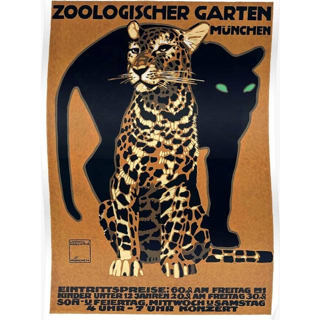Posters 1912 Ludwig Hohlwein Munich Zoo Leopard And Panther 16x20 inch or 20x20 inch Wall Art Soccer Print