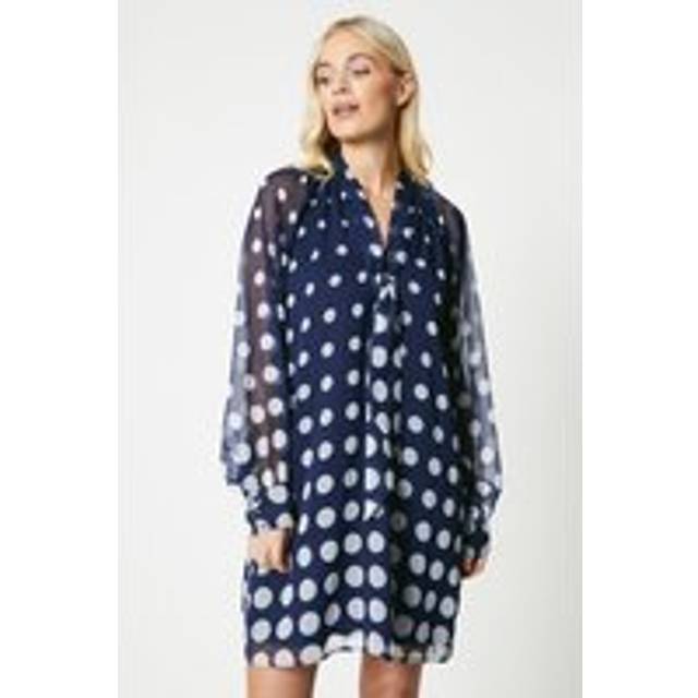 Wallis womens shift dress navy tie neck polka dot long sleeve midi