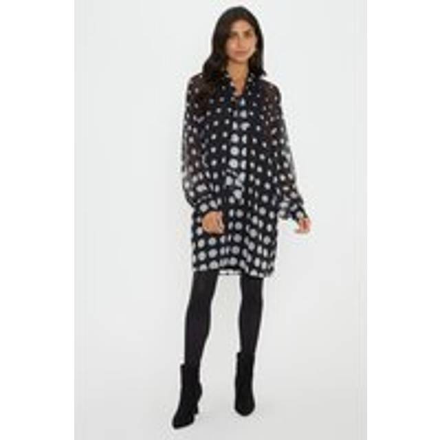 Womens Spot Tie Neck Balloon Sleeve Shift Dress - Black - 10