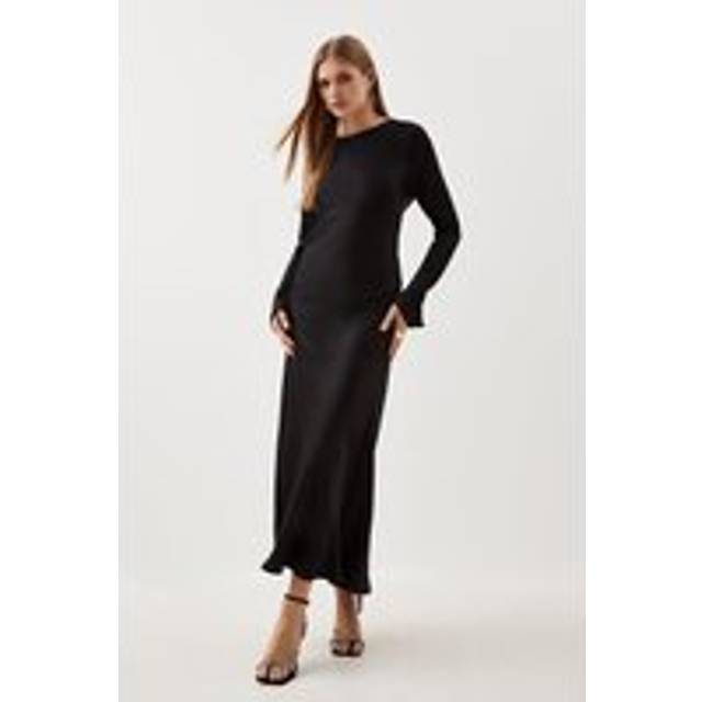 Petite Viscose Satin Long Sleeve Bias Cut Woven Midi Dress - Black