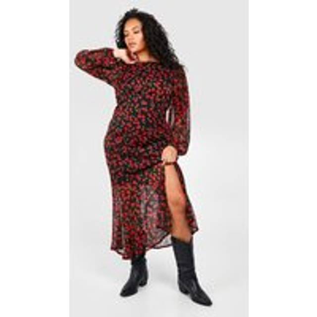 Womens Plus Cherry Print Lined Midaxi Dress - Red - 28