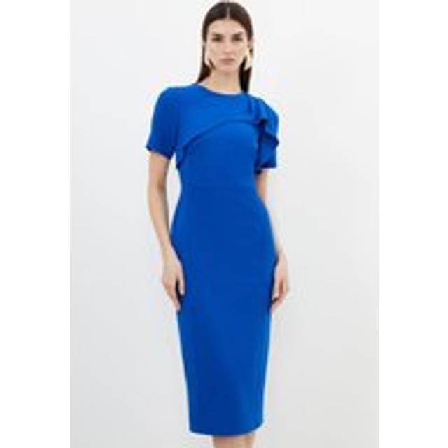 Tailored Structured Crepe Ruffle Detail Pencil Midi Dress - Blue