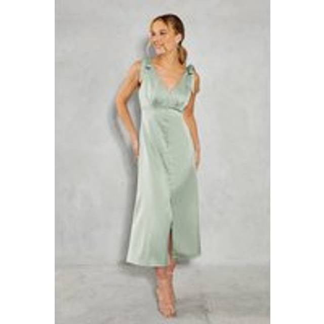 Oasis Womens Satin Button Front Tie Shoulder Midi Bridesmaids Dress - Sage Green - Size 12 UK