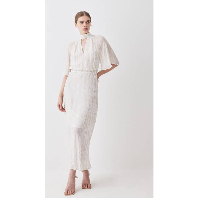 Metallic Viscose Georgette Angel Sleeve Woven Midi Dress - Ivory