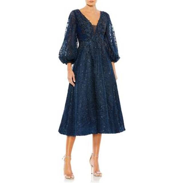 Mac Duggal Embellished Plunge Neck Bishop Sleeve Dress
