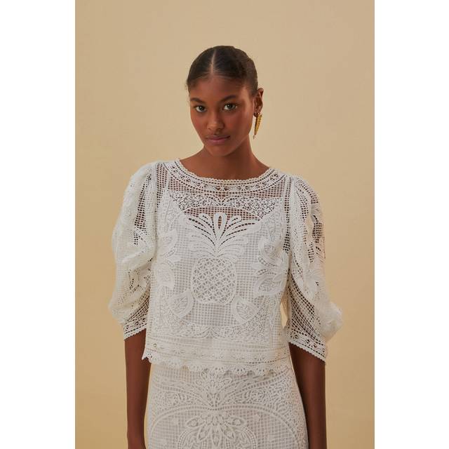 White Guipure Short Sleeve Blouse, WHITE / XS