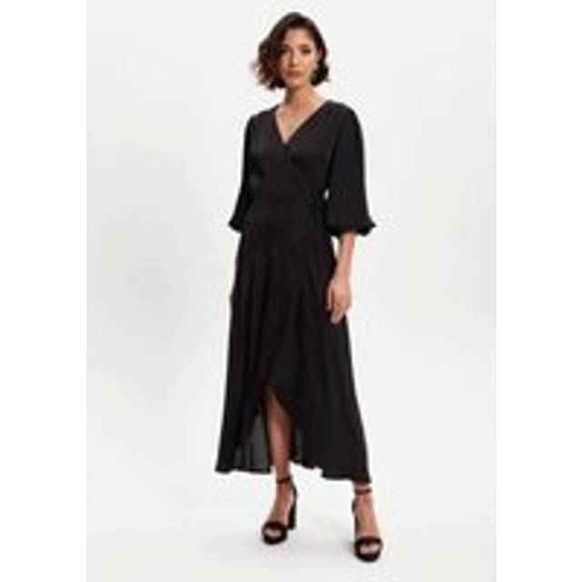 Womens Black Midi Wrap Dress With Puff Sleeves - 8