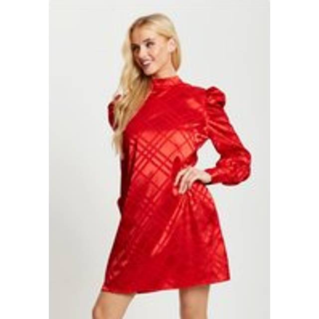 Womens Check Jacquard Mini Dress With High Neck & Puff Sleeve Detail In Red - 12