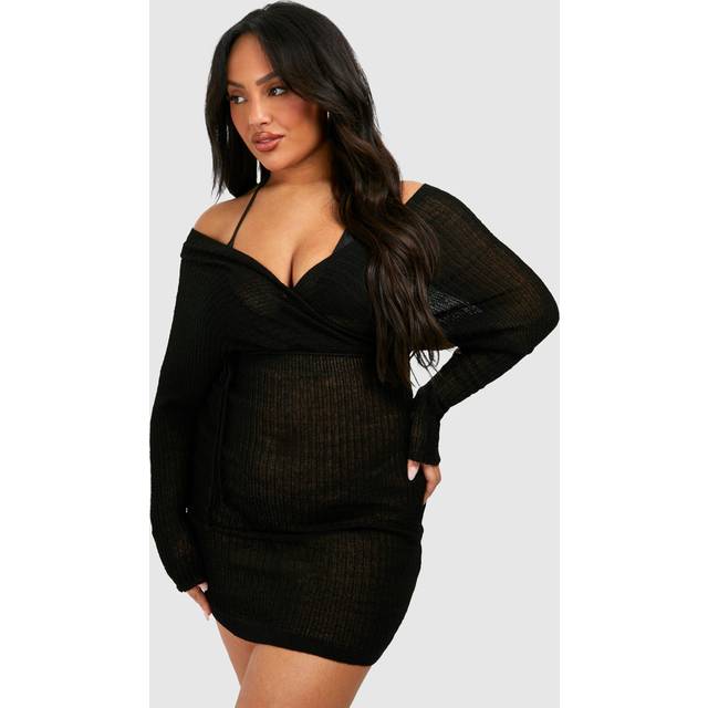 Womens Plus Off Shoulder Tie Mini Beach Dress - Black - 26, Black