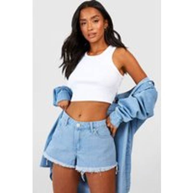 Womens Petite Frayed Hem Low Rise Denim Shorts - Light Wash - 12