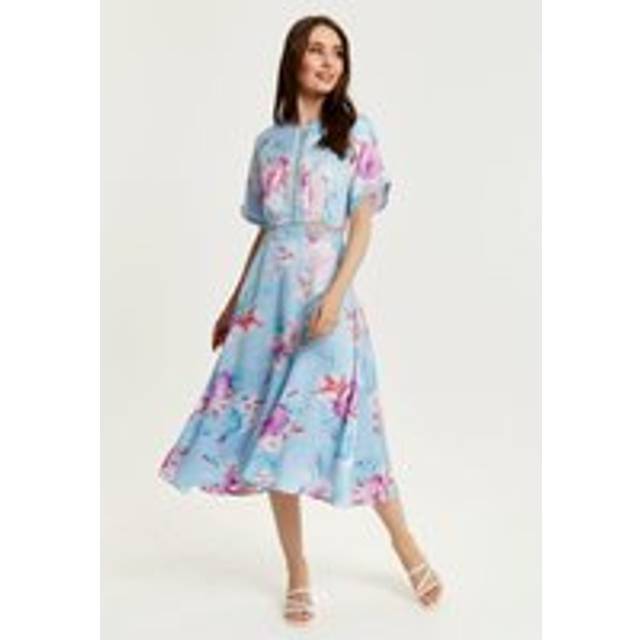 Womens Midi Floral Print Dress With Mesh Detail In Blue - 8