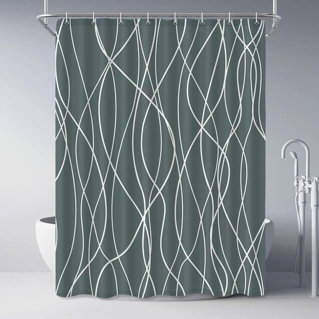 Dark Gray and White Striped Wavy Thread Fabric Shower Curtain Bathroom with 12 Hooks, Bathroom Shower Curtain 72 Inches Long Waterproof