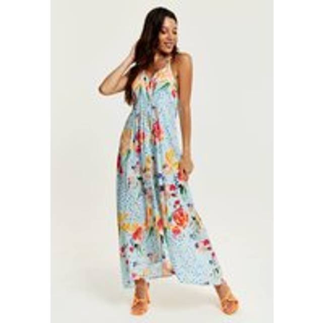 Womens Blue Floral Print Midi Asymmetrical Dress With Open Back - Multi - 8