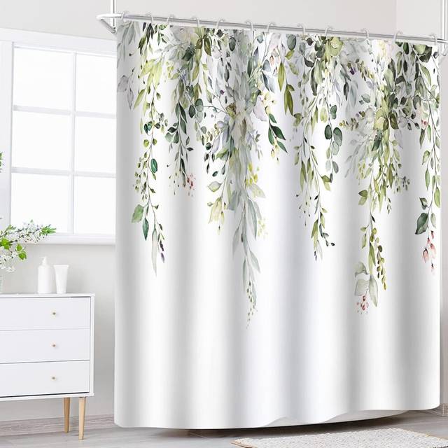 Green Plant Eucalyptus Shower Curtain (72 x 72 Inches), Spring Shower Curtain White Watercolor Plant Leaf Shower Curtain Set with 12 Hooks
