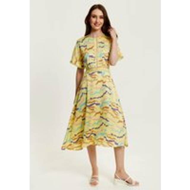 Womens Midi Abstract Zebra Print Dress With Mesh Detail In Yellow - 12