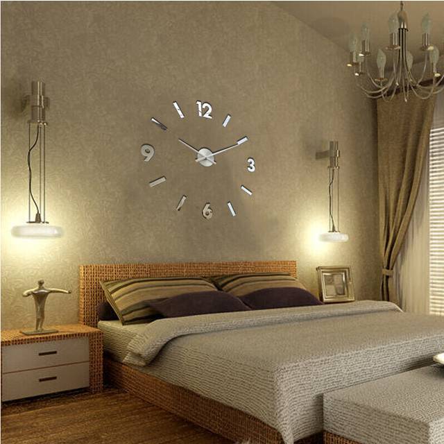 (Silver) 3D Wall Clock Modern Large Home Decor Sticker Frameless Black Mirror