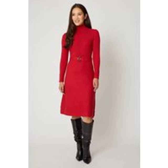 Wallis womens maxi dress red elegant ribbed high neck belted long sleeve