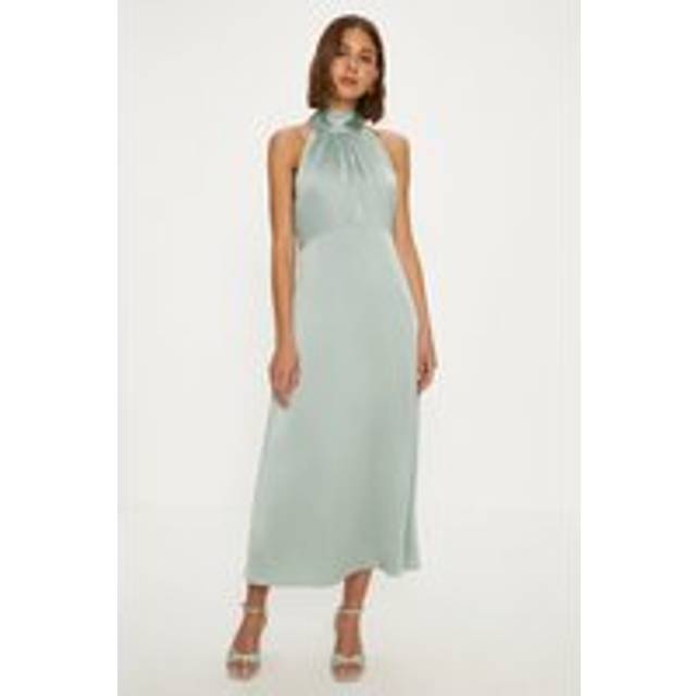 Oasis Womens Satin Halter Neck Midi Bridesmaids Dress - Sage Green - Size 12 UK