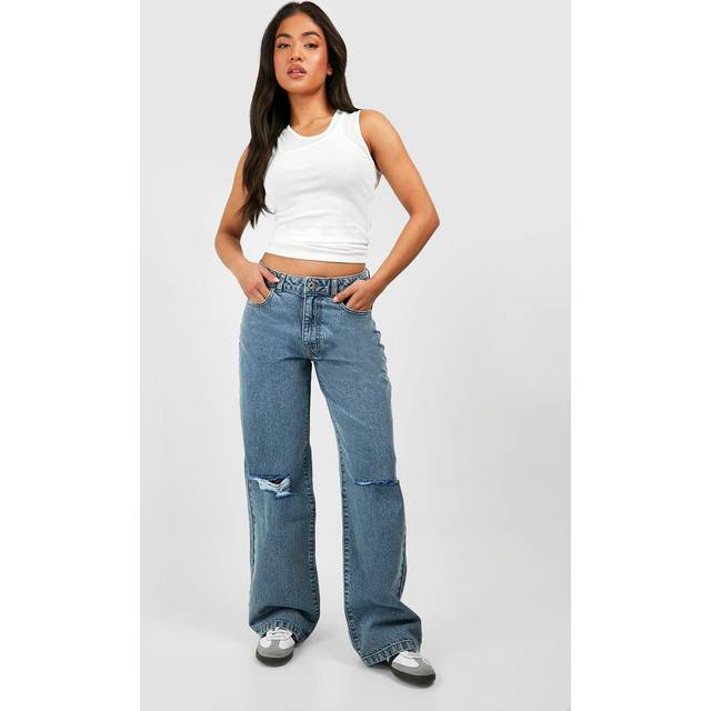 Womens Petite 28 Inch Basics Ripped Knee Boyfriend Jeans - Blue - 16