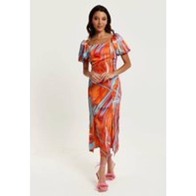 Womens Abstract Print Midi Dress With a Square neck and Low Back in Orange - 10