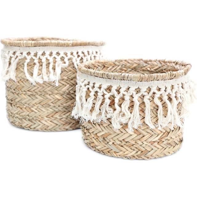 Stunning Set of 2 Woven Grass Baskets With Tassels ~ Home Storage Baskets