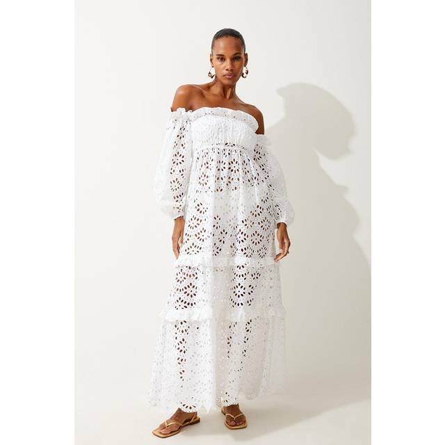 Off Shoulder Broderie Maxi Beach Woven Dress - White