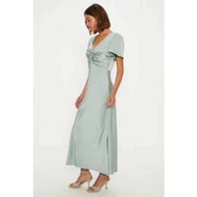 Oasis Womens Satin Twist Front Angel Sleeve Midi Bridesmaids Dress - Sage Green - Size 10 UK