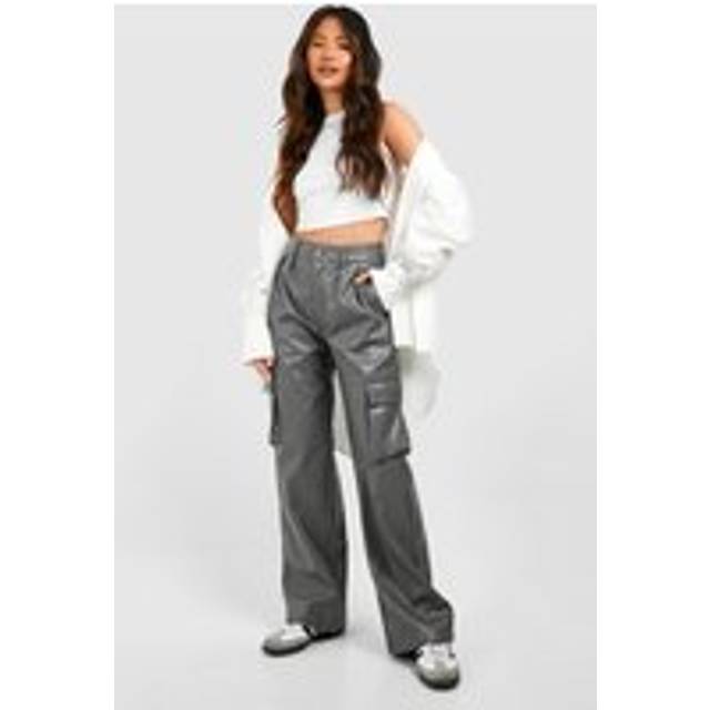 Womens Faux Leather Pocket Detail Cargo Straight Trouser - Grey - 8, Grey