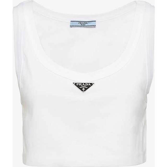 Prada Womens White Logo-plaque Cropped Cotton-jersey Tank Top 4 - WHITE