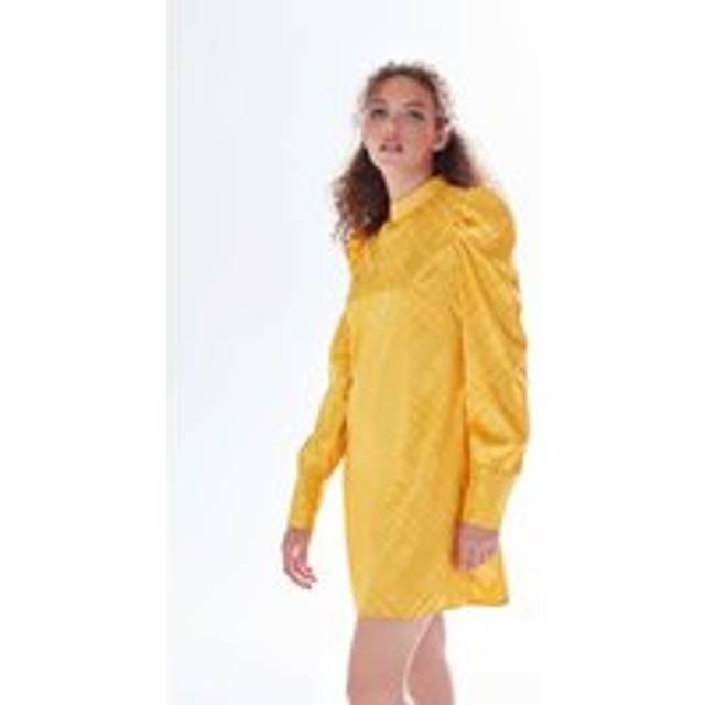 Womens Check Jacquard Mini Dress With High Neck & Puff Sleeve Details In Mustard - Yellow - 14