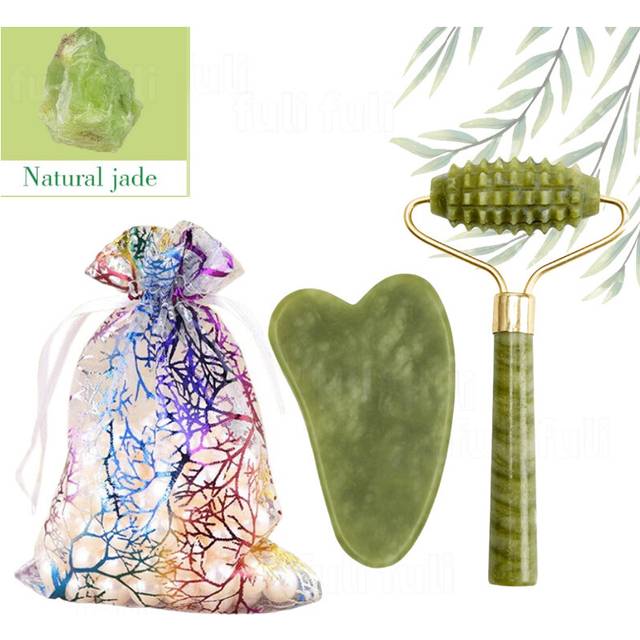 (a-green Set 2) Natural Rose Quartz Jade Stone Roller Gua Sha Set Facial Body masajeador anticelulitico Face Lifting Beauty Facial Massage Tools