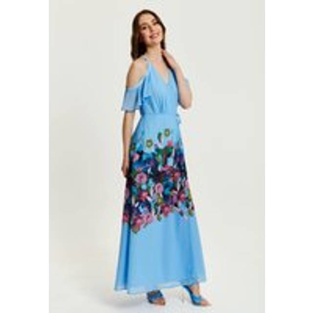 Womens Floral Print Maxi Wrap Dress With Frill Details in Blue - 10