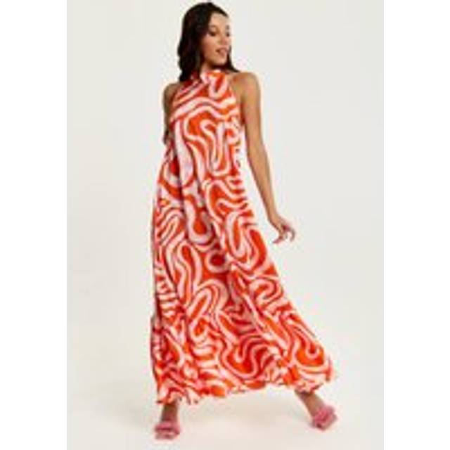 Womens Pink And Red Abstract Print Halter Neck Maxi Smock Dress - Multi - 12