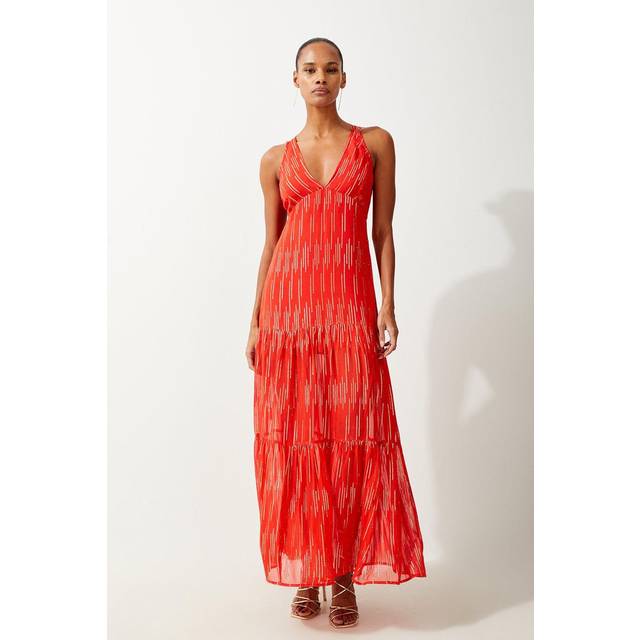 Strappy Metallic Viscose Georgette Beach Dress - Orange