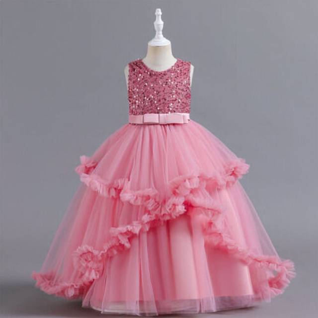 (Pink, 120/4-5 Years) Kids Flower Girls Wedding Bridesmaid Party Sequins Formal Princess Tutu Dress