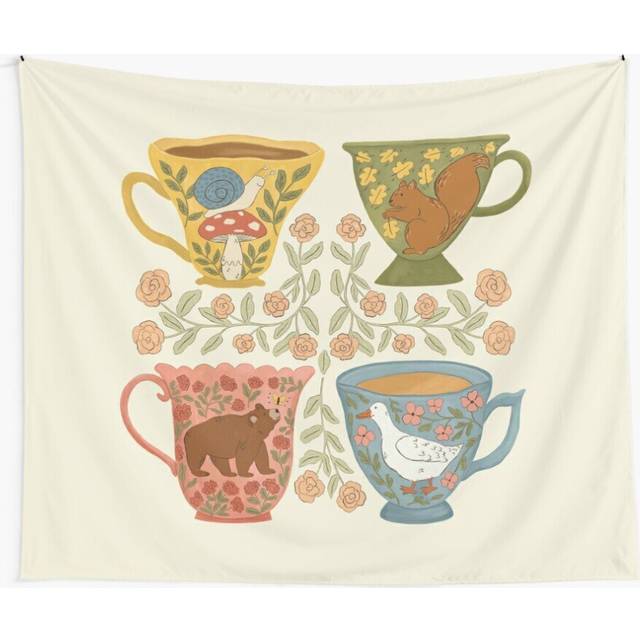 Tapestry 60x50inch Floral Animal Teacups Wall Hanging Art DÃ©cor Living Room